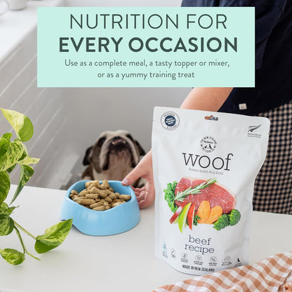 WOOF Freeze Dried & Air Dried Dog Food Bundle - Beef Recipe (9.9 oz Freeze Dried & 3.5 oz Air Dried), High Protein Dog Food, Topper, Mixer, or Treat, All Life Stages