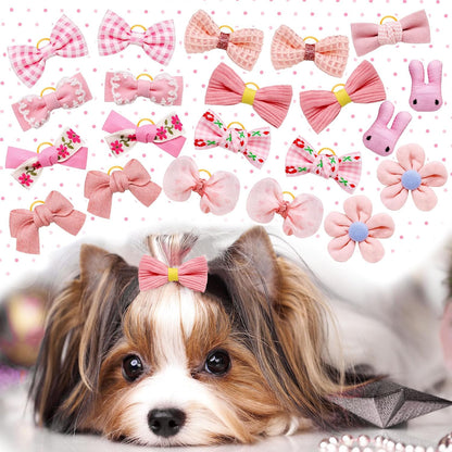 20pc Light Pink Small Dog Hair Bows with Rubber Bands, Flower Ball Bowknot Top Knot for Yorkie Hair Accessories