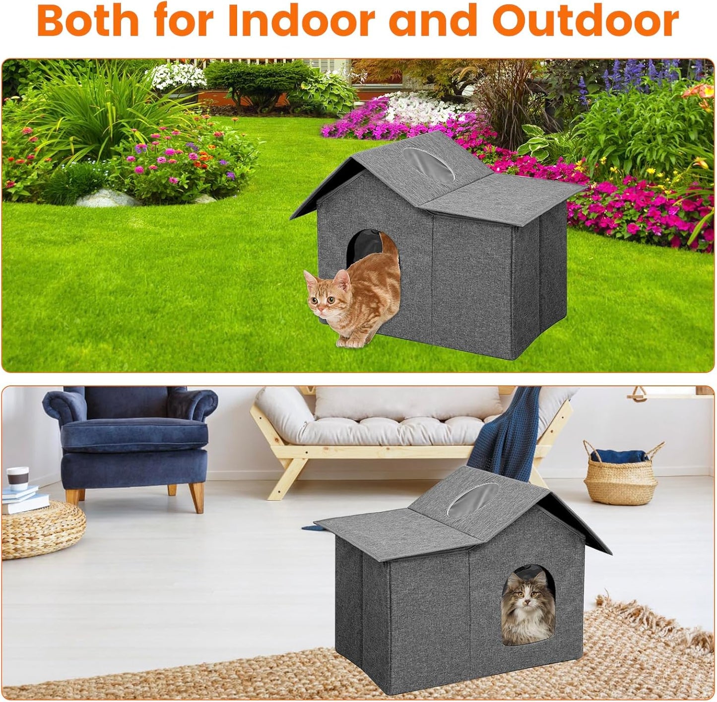 Homegroove Outdoor Cat House Waterproof, Insulated Cat Houses for Outdoor Cats with Removable Soft Mat, Collapsible Feral Cat Shelter for Multiple Cats, Easy to Assemble (Grey, Large)