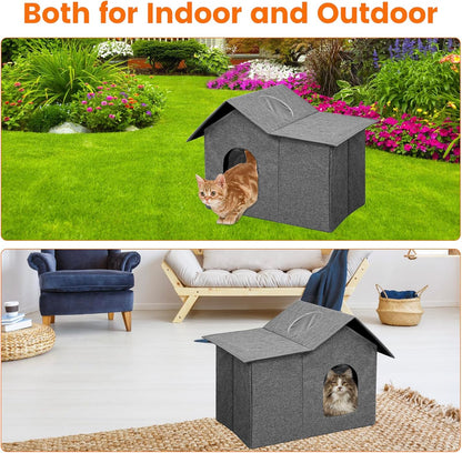 Homegroove Outdoor Cat House Waterproof, Insulated Cat Houses for Outdoor Cats with Removable Soft Mat, Collapsible Feral Cat Shelter for Multiple Cats, Easy to Assemble (Grey, Large)