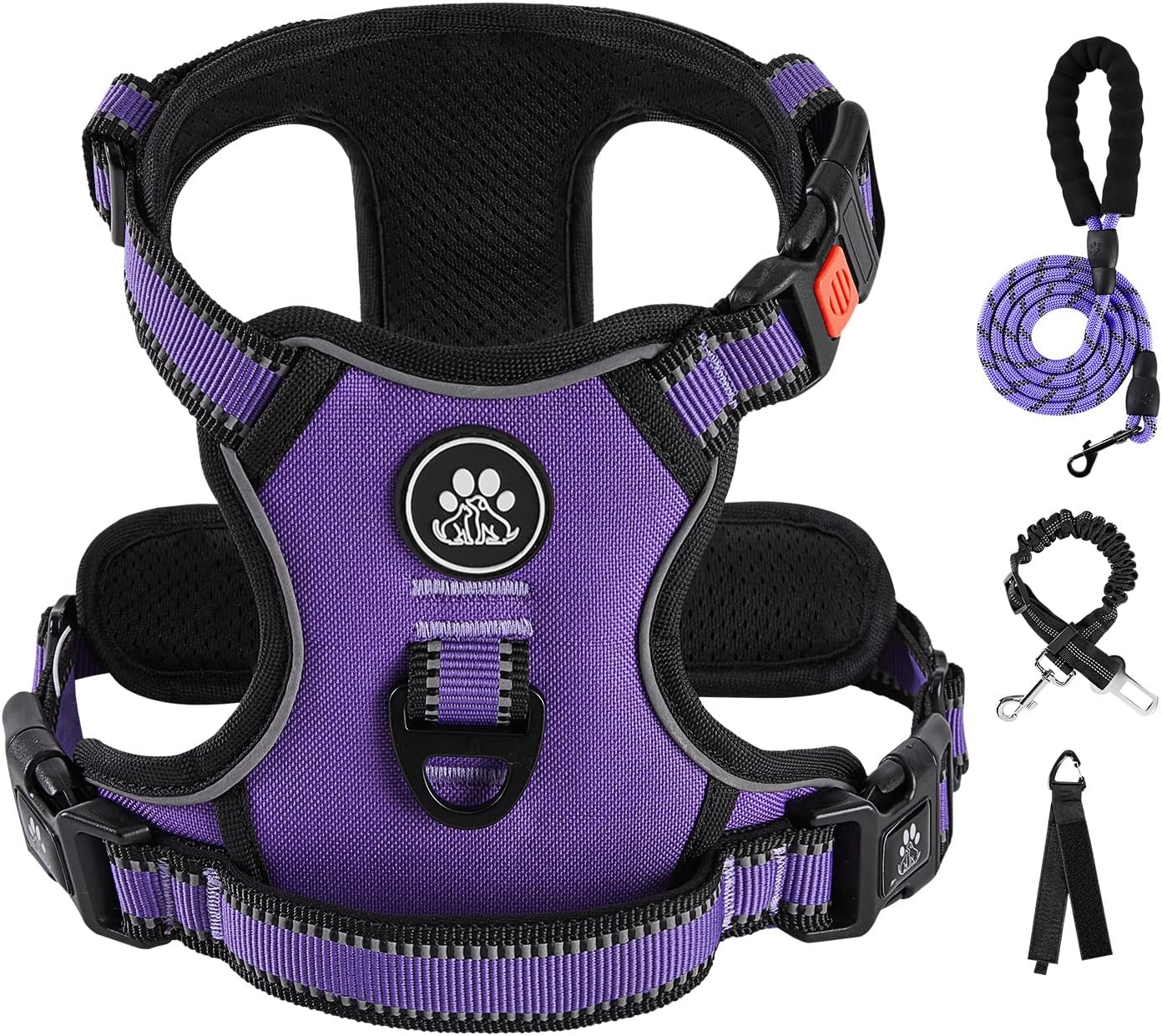 IVY&LANE No Pull Dog Harness for Medium Dogs, Dog Vest Harness with Leash, Safety Belt and Storage Strap, Fully Adjustable Harness, 360?Reflective Strip, Soft Handle (Purple, M)