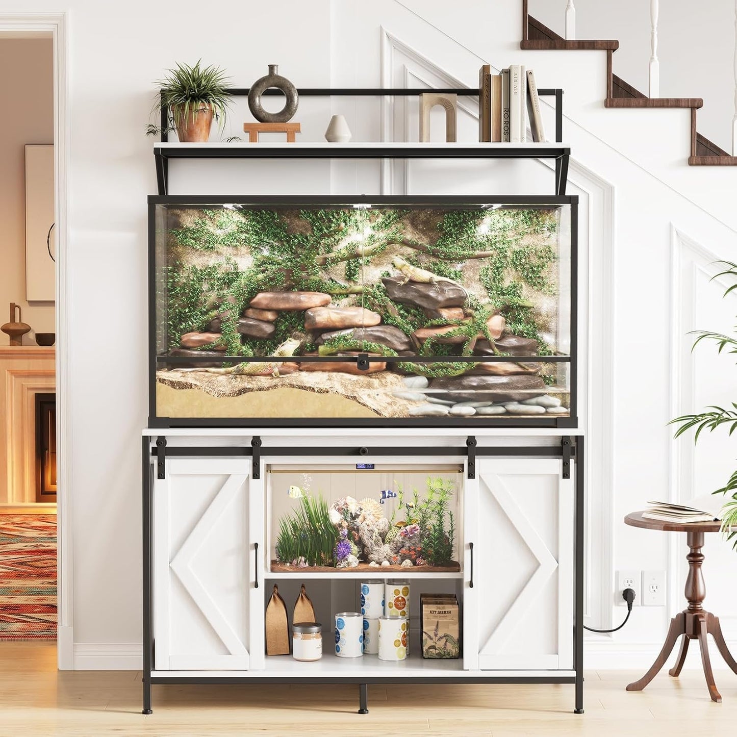 120 Gallon Aquarium & Reptile Tank Stand – Fits 48" x 24" Tanks, White MDF, Sliding Doors, Power Outlet, Large Storage, Supports 1200 LBS – Ideal for Fish Tanks, Terrariums – White