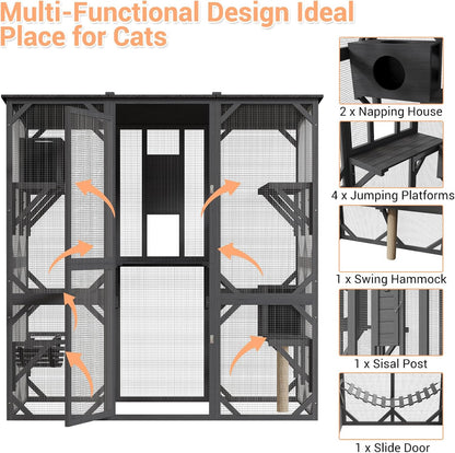 70'' Outdoor Cat Enclosure,Walk-in Catio with 4 Jumping Platforms & 2 Napping Houses,Swing Hammock, Cat House Indoor with Waterproof Roof, Sisal Post,Slide Door,UV Resistant for Indoor Outdoor