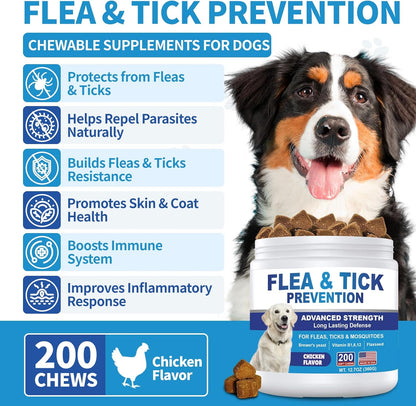 Flea and Tick Prevention for Dogs Chewables 200 Soft Treats - Flea and Tick Chews Supplement, Vet Recommended Supplement Chews, Skin & Coat Support for Dogs, Puppies, All Breeds & Sizes