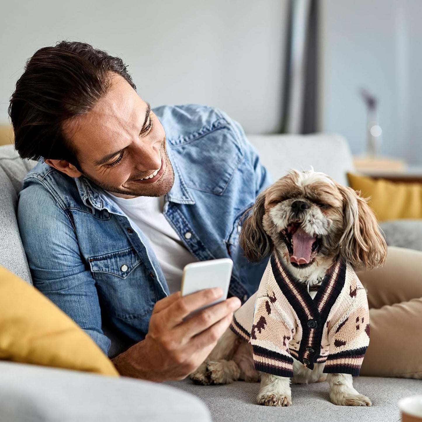 Small Dog Sweaters Cute Bear Dog Cardigans Clothes for Small Medium Dogs Boy Girl Puppy Cat Knitting Cardigan Outfits Dogs Winter Coats Warm Pet Doggy Clothes Soft Knitwear (Beige, Small)