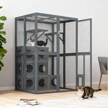 Outdoor Cat House,69" Catio Outdoor Cat Enclosure W/ 7 Freely Combination Wood Boxes & Climbing Shelves,Wooden Walk in Cat Cage W/ 2 Platforms & Double Enter Doors,for Multiple Cats,Gray