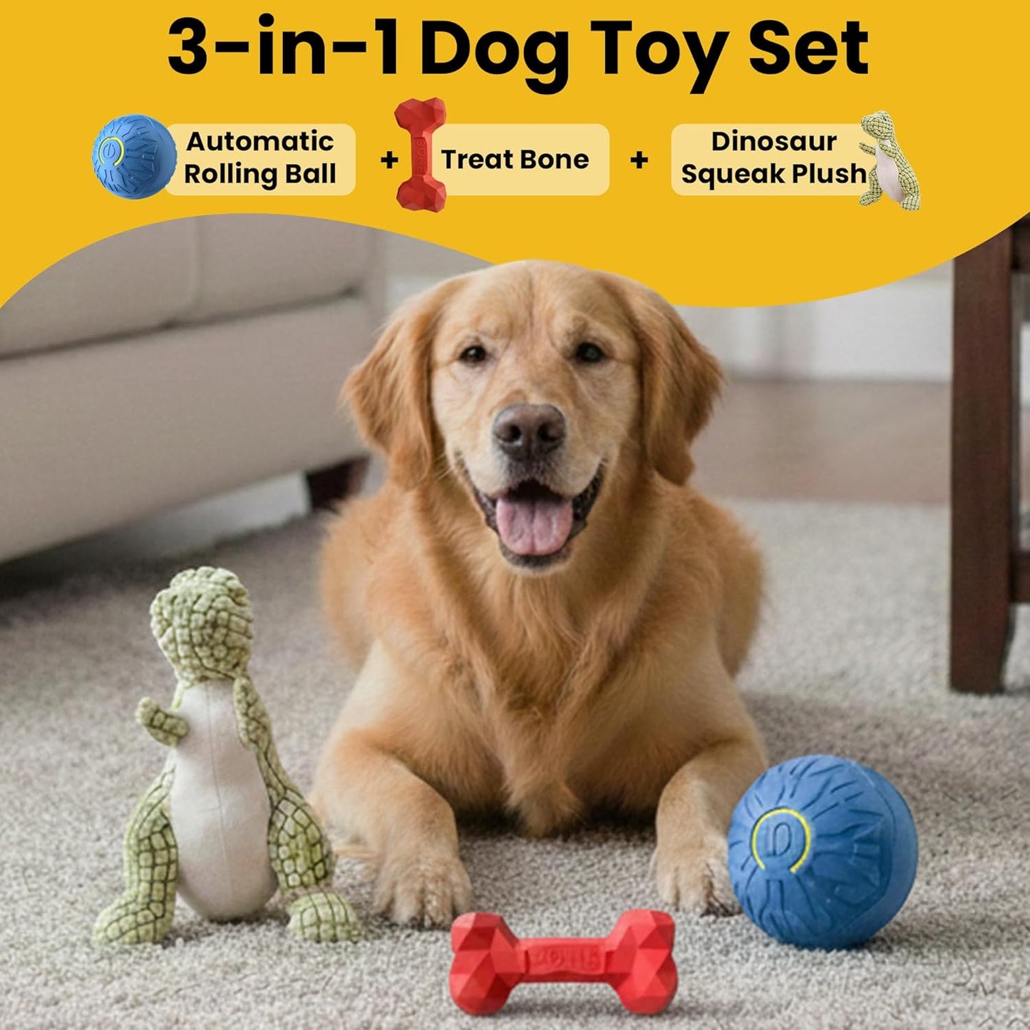 Fur4Fun Interactive Dog Toy Set - Includes Automatic Rolling Rubber Ball, Rugged Treat Play Bone and Tough Dinosaur Squeak Plush Toy. Full Play Package for Small/Medium Sized Dogs.