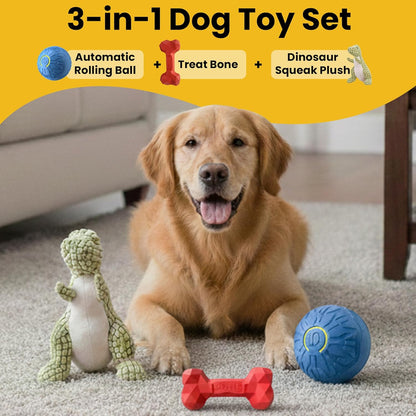 Fur4Fun Interactive Dog Toy Set - Includes Automatic Rolling Rubber Ball, Rugged Treat Play Bone and Tough Dinosaur Squeak Plush Toy. Full Play Package for Small/Medium Sized Dogs.