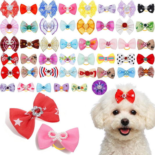 300Pcs Hair Bows for Dogs, Cute Dog Bows with Rubber Bands Soft Colorful Flower Rhinestone for Dogs Puppies Yorkie Pets Hair Grooming Accessories Gift