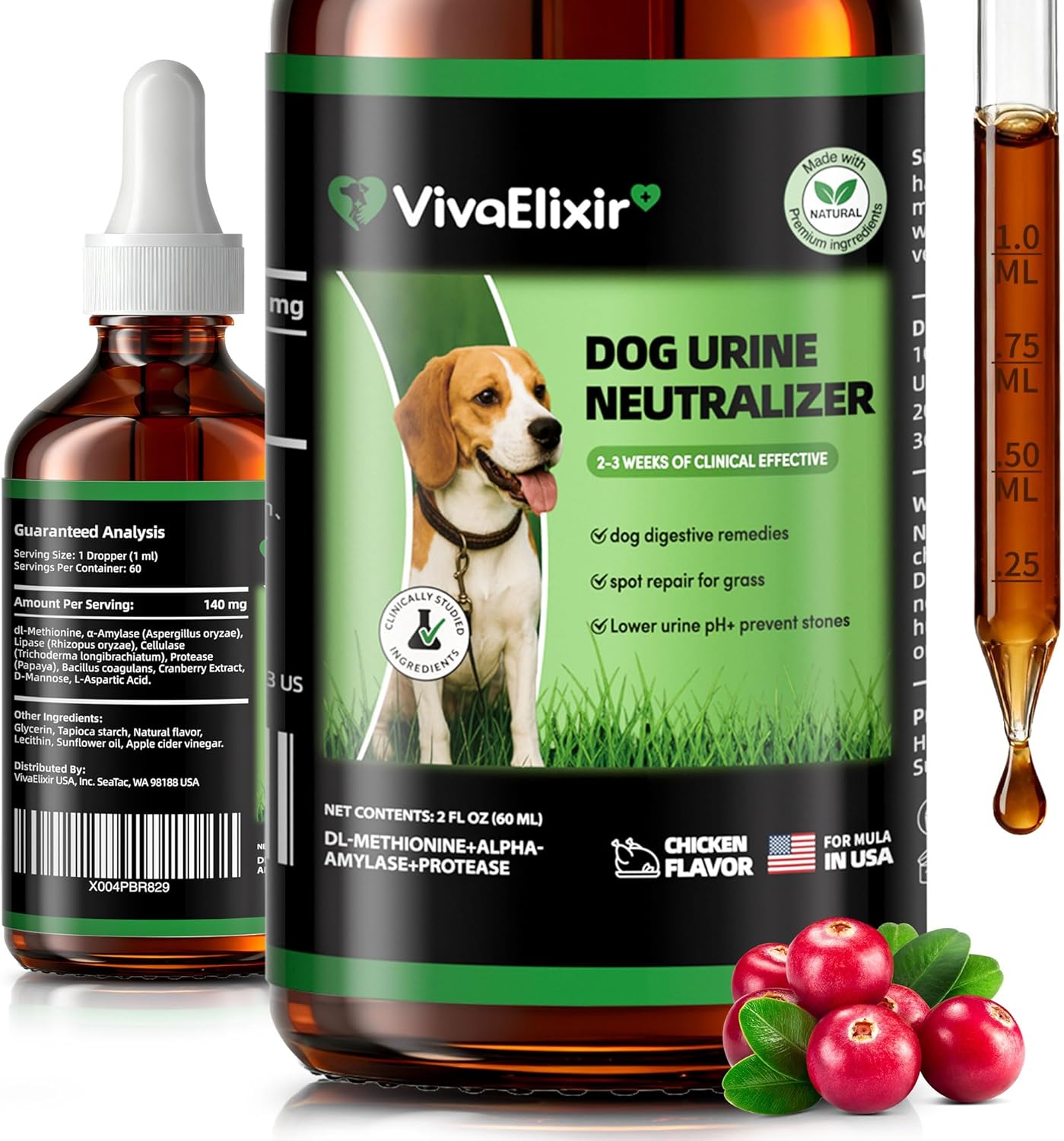 Dog Urine Neutralizer for Lawn -Methionine, Probiotics & Enzymes- - Helps Reduce Lawn Burn from Dog Urine, Supports Digestive and Urinary Health -Veterinarian Recommended- 60ml