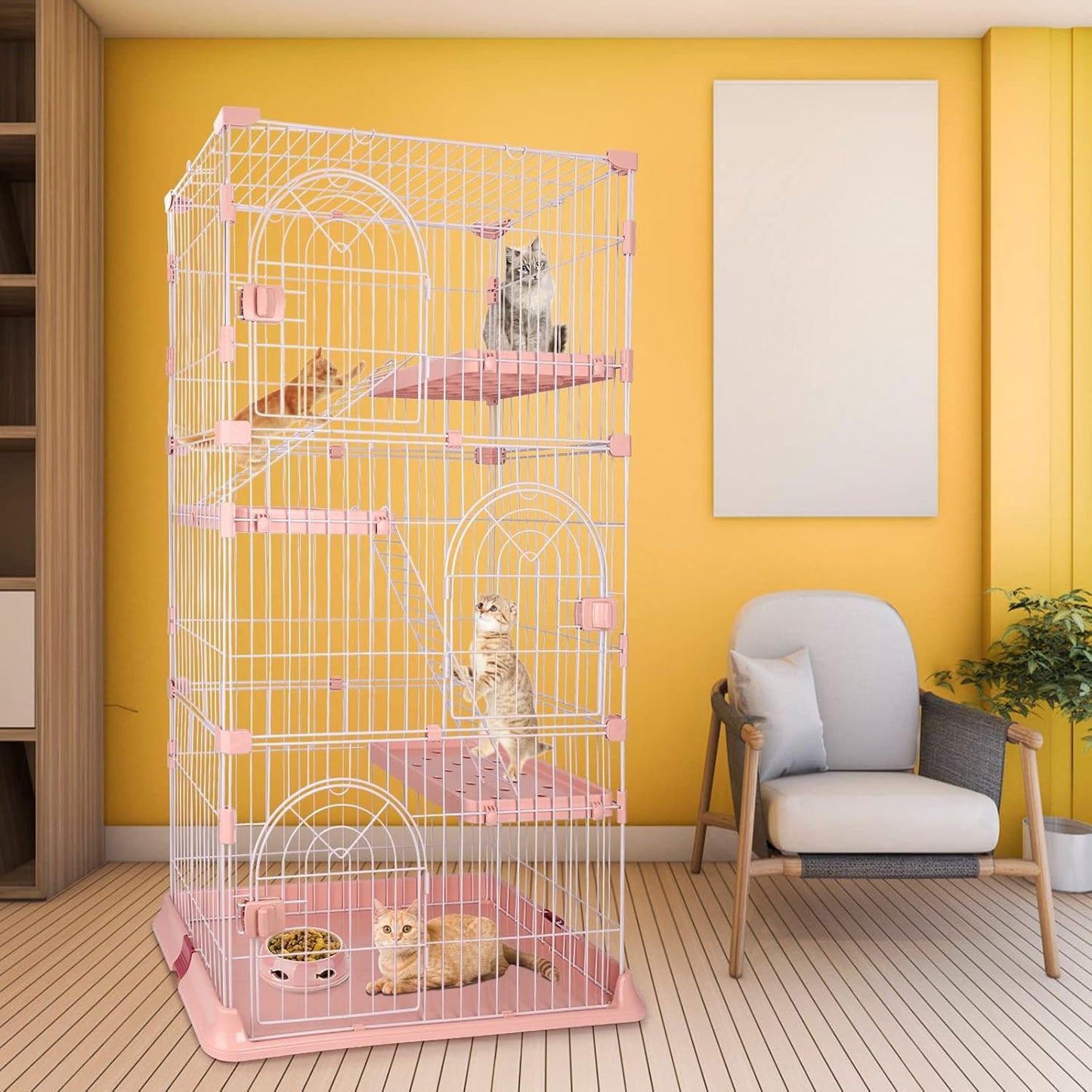 4-Tier Wire Cat Cage Playpen Kennel, 64 Inch Cat Catios Large Space for 1-3 Cats, Pink Cat Crate with 3 Platforms 3 Front Doors 2 Ramp Ladders (Large - 64.4" H x 32.6" L x 23.6" W)