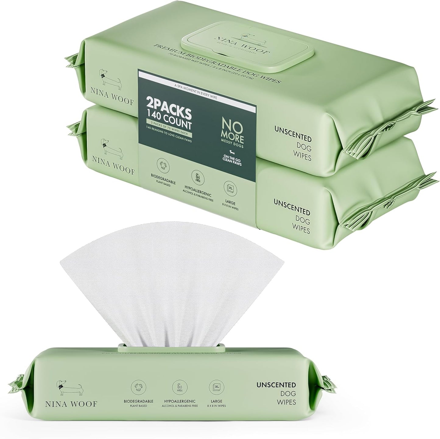 Nina Woof Dog Wipes – Fragrance-Free, Alcohol-Free, Hypoallergenic Pet Grooming Wipes with Aloe Vera, Biodegradable, for Dogs & Cats: Paws, Face, Ears & Butt – 2-Pack (140 Count)