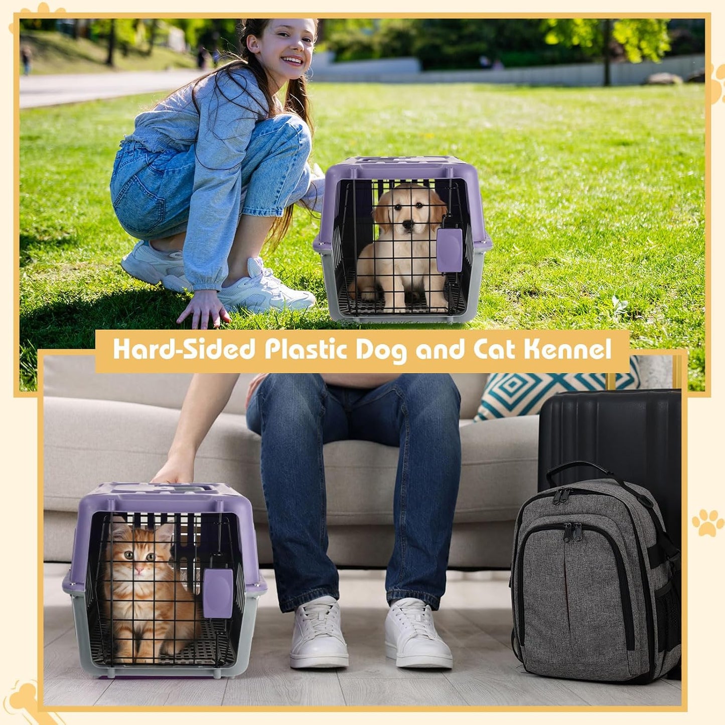 2 Set 17.5" Hard-Sided Travel Pet Carriers for Small Dogs and Cats Plastic Dog Crate Cat Kennel with Door, Ventilation and Security Lock Portable Carrier for Car Airline Travel,Up to 13Lbs(Purple)
