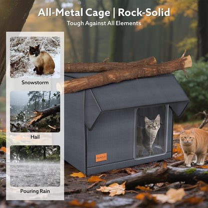 Large Heated Cat House for Outdoor Cats in Winter, Weatherproof & Elevated Outdoor Feral Cat Houses with Pet Heating Pad Bed, Outside Cat House for Stray Barn Cat