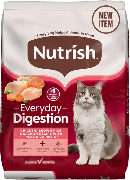 Nutrish Everyday Digestion Chicken Brown Rice and Salmon Recipe with Peas and Carrots Dry Cat Food, 13 lb. Bag, Packaging May Vary (Rachael Ray)