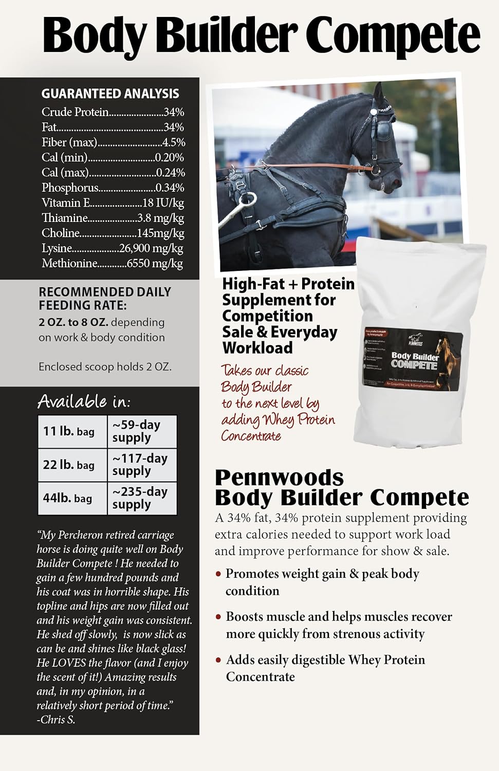 Pennwoods Body Builder Compete: Advanced Horse Weight Gain Supplement, Designed for Competition and Sale, 11lb Bag
