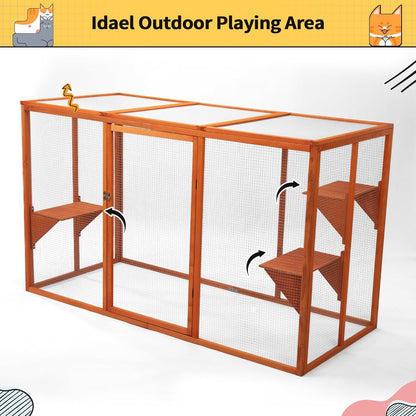 Catio Outdoor Cat Enclosure, 71" Large Weatherproof Catios with Cedar Wood Frame for cat Patio, Heavy Duty Outdoor Cat Condo & Cage, Indoor cattio for Cats (Orange-Red, Large)