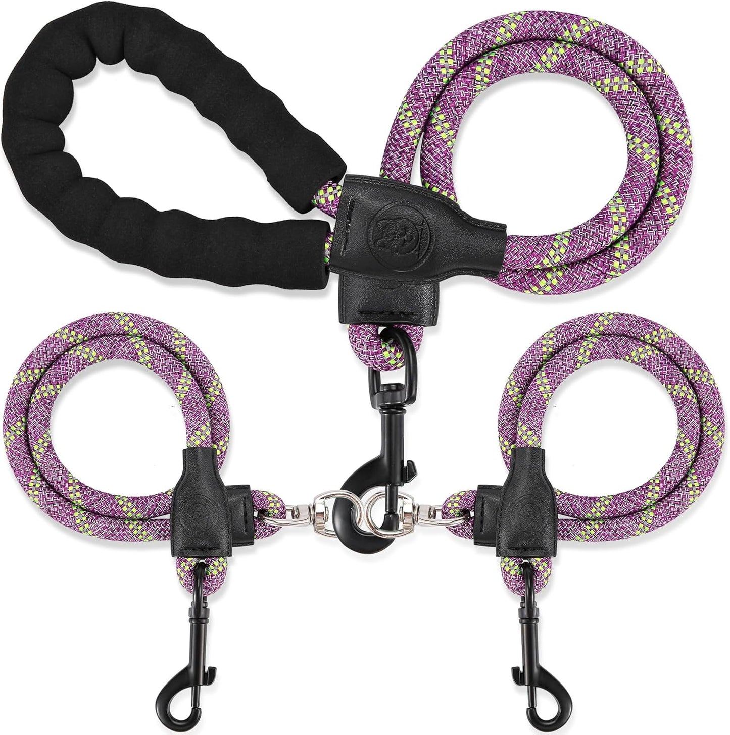 Double Dog Leash for Two Dogs - Detachable 360° Swivel, No Tangle Leash with Reflective Strips for Walking and Training Small Medium and Large Dogs, S/8-45ibs, Purple