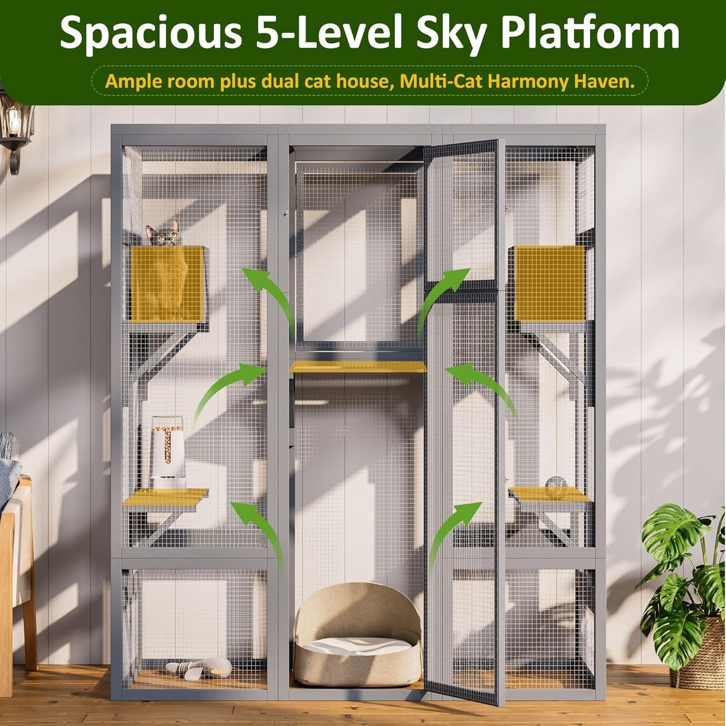 70 Inch Catio Outdoor Cat Enclosure, Large Cat House for Outdoor Cats with Enhanced Security Structure, Outside Cat Patio Cattery Weatherproof for Multiple Indoor Outdoor Cats, Grey