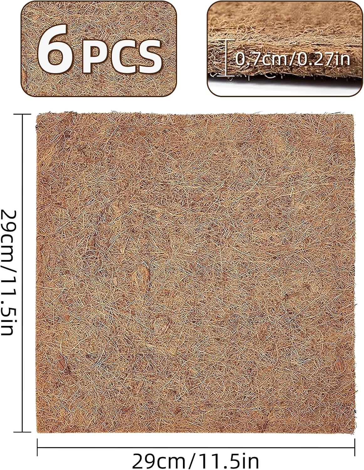 6-Pack Natural Coconut Fiber Reptile Carpet, 12x12 Inch Eco-Friendly Terrarium Liner & Bedding for Lizard, Snake, Turtle, Tortoise, Bunny Habitat