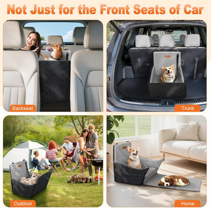 Elevated Dog Car Seat, Dog Booster Car Seats for Small & Medium Breeds Up to 35lbs, Fully Detachable and Washable, Memory Foam Pet Carseat with 2 Storage Pockets & 3 Safety Belts, Black & Gray