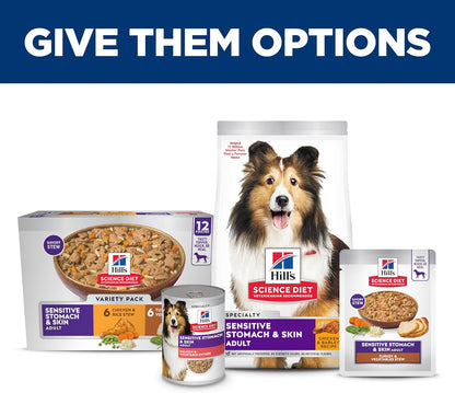 Hill's Science Diet Sensitive Stomach & Skin, Adult 1-6, Stomach & Skin Sensitivity Support, Wet Dog Food, Variety Pack: Chicken, Turkey Stew, 12.5 oz Can, Case of 12