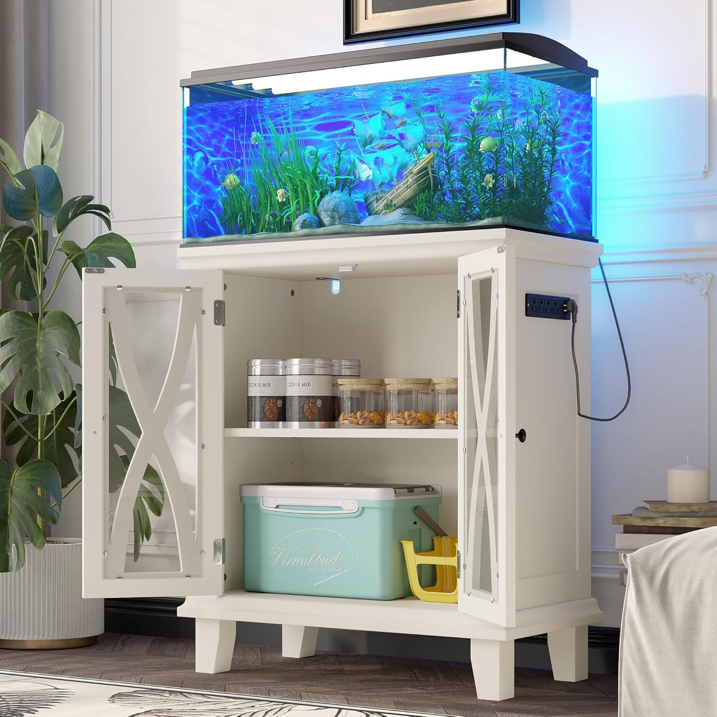 Merax 20 Gallon Fish Tank Stand with Power Outlets(4 AC 2 USB), Farmhouse Decorative Aquarium Stand Furniture with Adjustable Shelves, 10-20 Gallon Reptile Turtle Tank Stand with Cabinet Storage