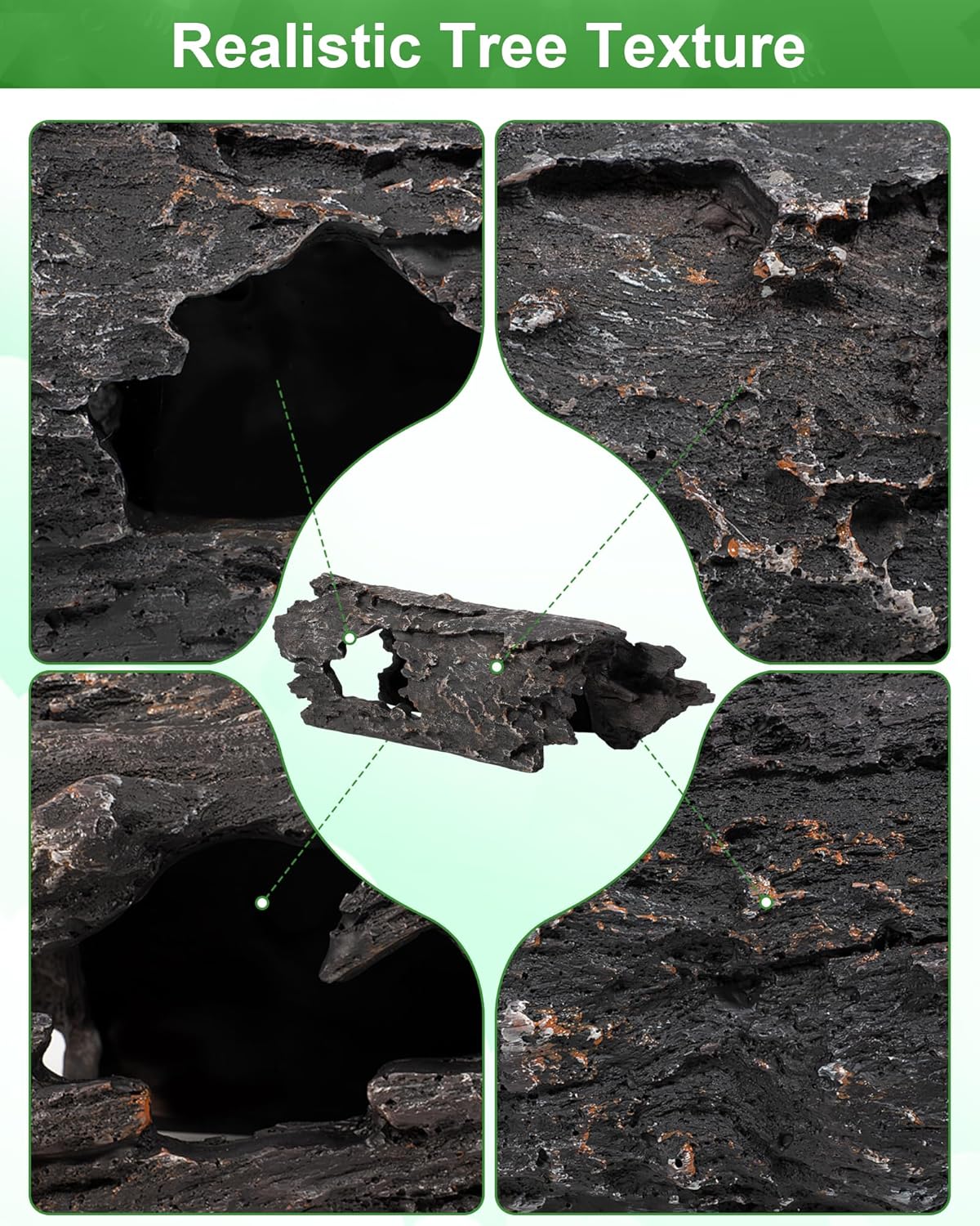 TRUVIC Reptile Habitat Decor Kit: Resin Tree Trunk Reptile Hide & Dual Feeding Dish Set