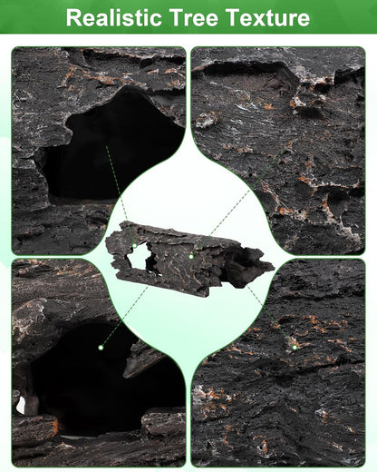 TRUVIC Reptile Habitat Decor Kit: Resin Tree Trunk Reptile Hide & Dual Feeding Dish Set