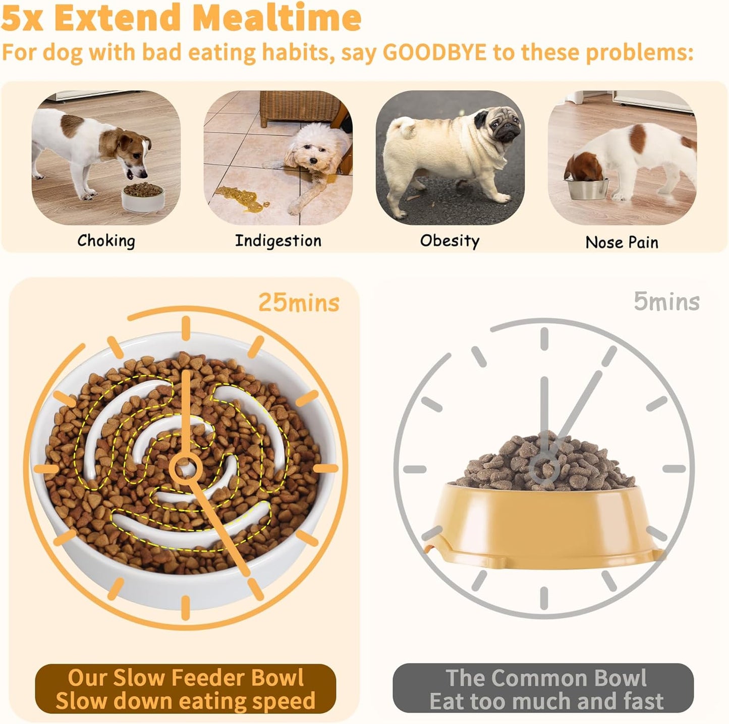 Elevated Slow Feeder Dog Bowl - Ceramic Maze Food Dish with Bamboo Stand - Raised Feeding Bowl for Fast Eaters - Ideal for Small and Medium Dogs - White - 6.7 inch