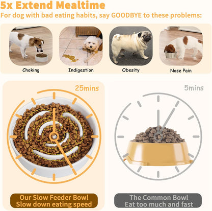 Elevated Slow Feeder Dog Bowl - Ceramic Maze Food Dish with Bamboo Stand - Raised Feeding Bowl for Fast Eaters - Ideal for Small and Medium Dogs - White - 6.7 inch