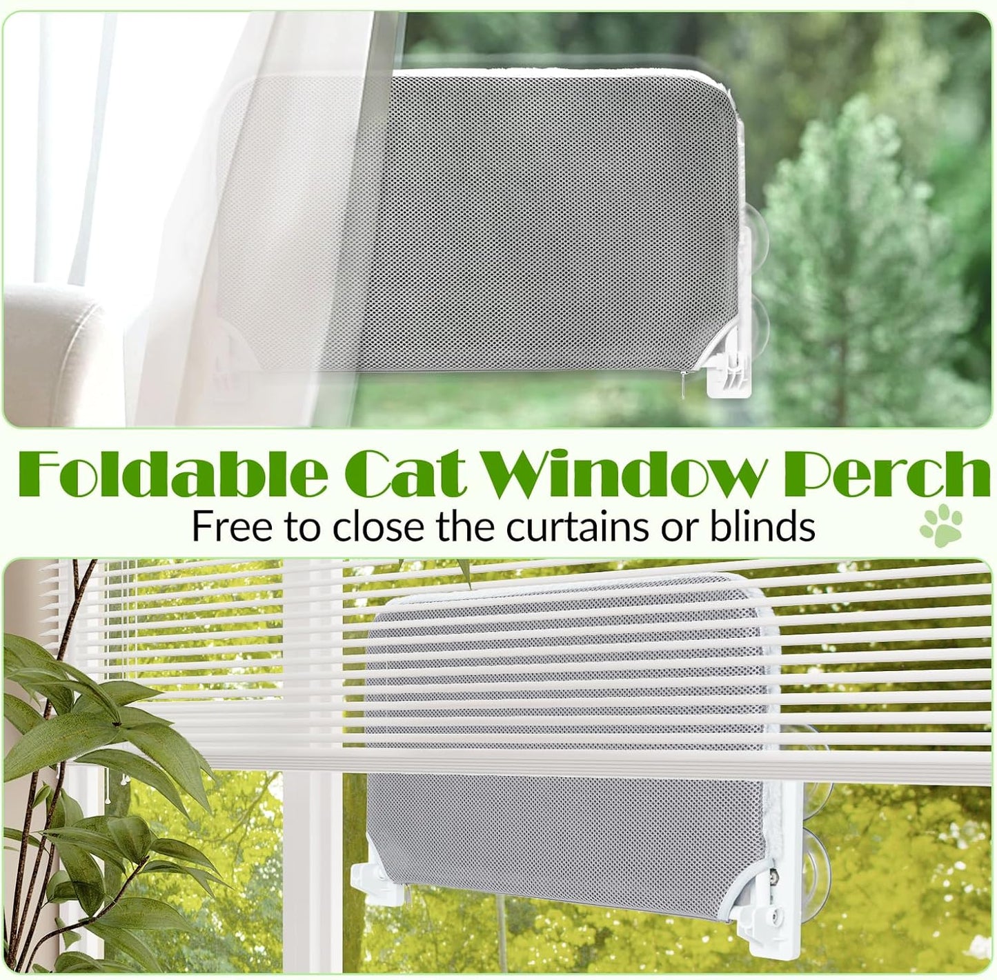 keny Foldable Cat Window Perch with 4 Larger Suction Cups, Cordless Window Bed with Reversible Cover for Cats Inside, Grey