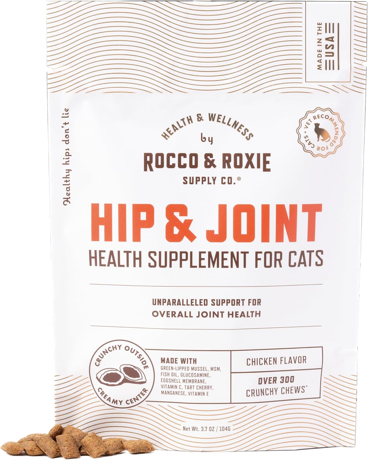 Rocco & Roxie Senior Cat Hip & Joint Supplements - Chicken Flavored Glucosamine Joint Supplement for Cats, Cat Arthritis Pain Relief, with Green Lipped Mussel, Made in USA, Over 300 Crunchy Chews