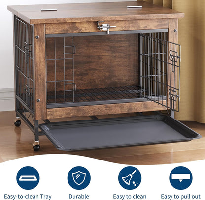 26-Inch Double-Door Pet Crate Furniture, Wooden Dog House with Locking Wheels, Chew-Resistant Indoor Pet Side Table, Rustic Brown Finish, Versatile Pet Housing Solution