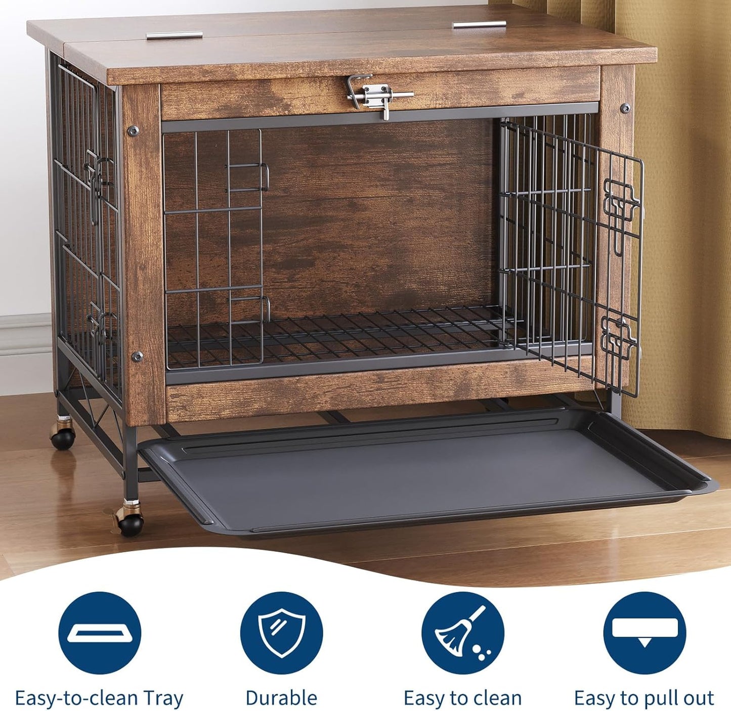 26-Inch Double-Door Pet Crate Furniture, Wooden Dog House with Locking Wheels, Chew-Resistant Indoor Pet Side Table, Rustic Brown Finish, Versatile Pet Housing Solution
