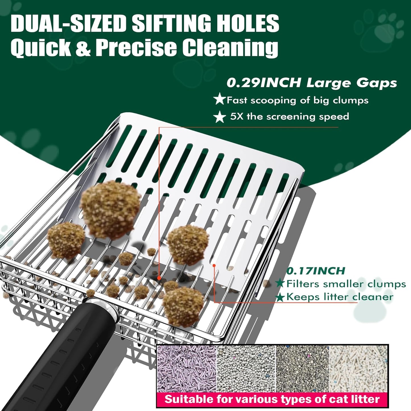 XIAOXINGYUN Stainless Steel Cat Litter Scoop, Metal Cat Litter Scooper with Holder, Heavy-Duty Cat Scooper with Coarse and Fine Grids for Quick Screening and Easy Cleaning