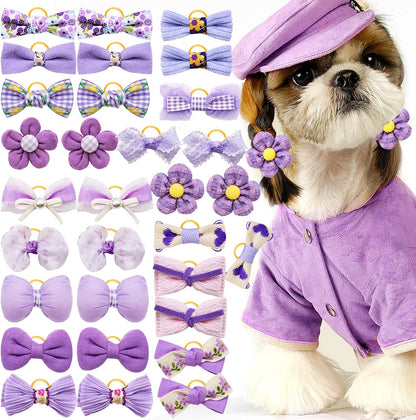 Mruq Purple Small Dog Hair Bows with Rubber Bands, Mix Handmade Cute Gooming Flower Ball Bows for Holiday Daily Accessories