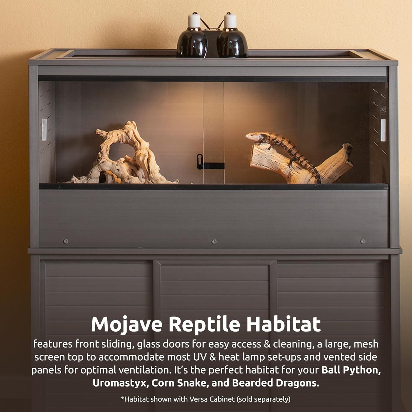 New Age Pet ECOFLEX 48" Wide Large Reptile Habitat, Mojave Lounge for Snakes, Tortoises & Lizards in Maple, Black & Grey, Easy Assembly, Sliding Glass Doors & Mesh Top
