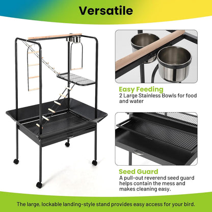 Pet Products Parrot Playstand with Wheels, Bird Cage Stand Activity Play Center with Perches and Ladders, Indoor Outdoor Playground for Birds, Durable Black Hammertone Finish