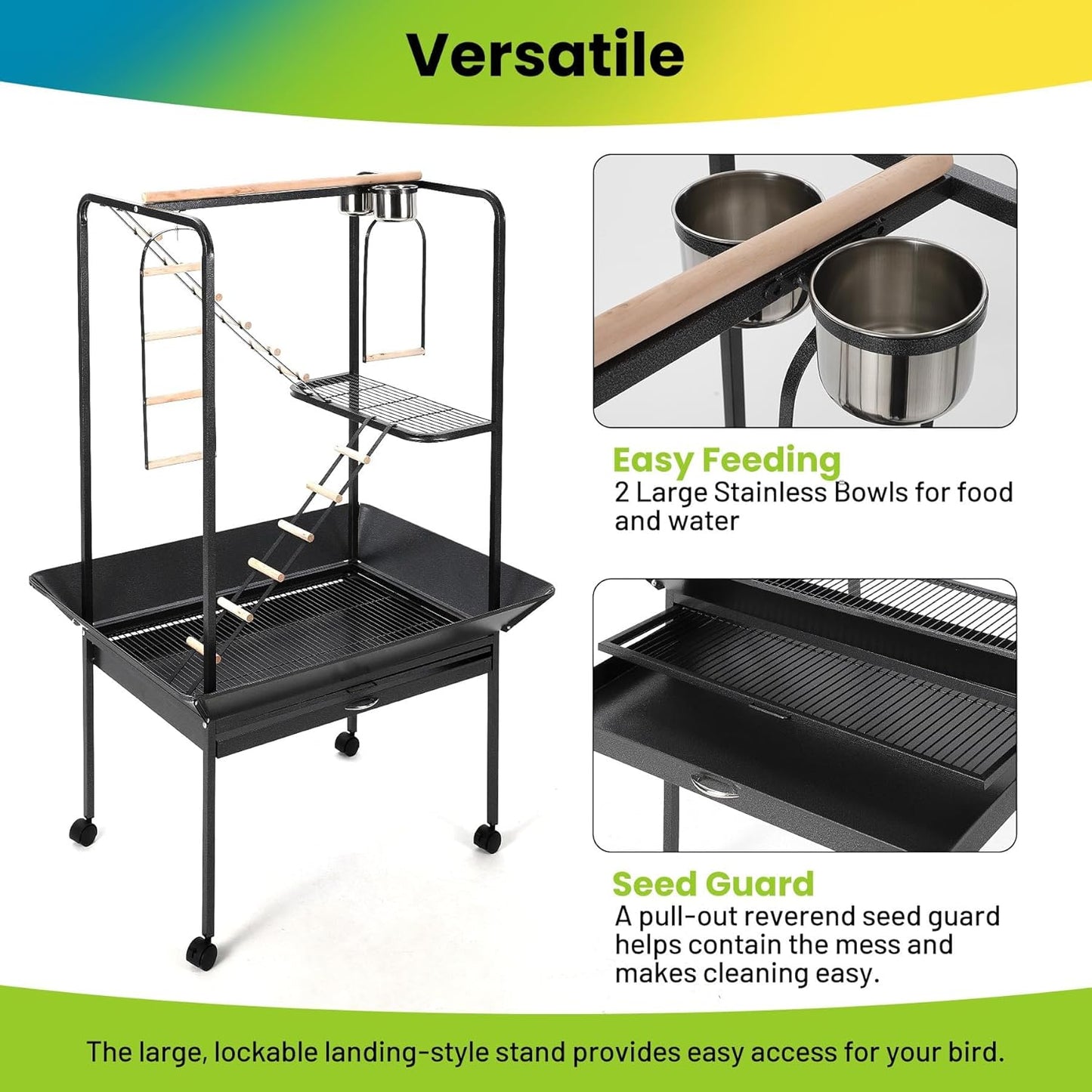 Pet Products Parrot Playstand with Wheels, Bird Cage Stand Activity Play Center with Perches and Ladders, Indoor Outdoor Playground for Birds, Durable Black Hammertone Finish