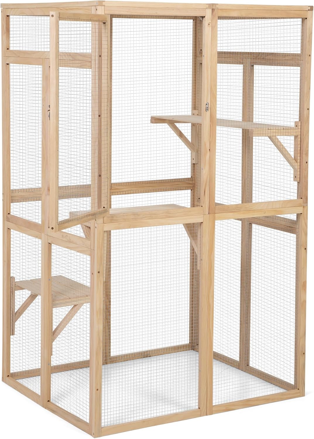 Wooden Cat Catio Outdoor Enclosure with Hammock and Platforms, Weatherproof Design, Burlywood