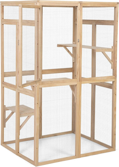 Wooden Cat Catio Outdoor Enclosure with Hammock and Platforms, Weatherproof Design, Burlywood
