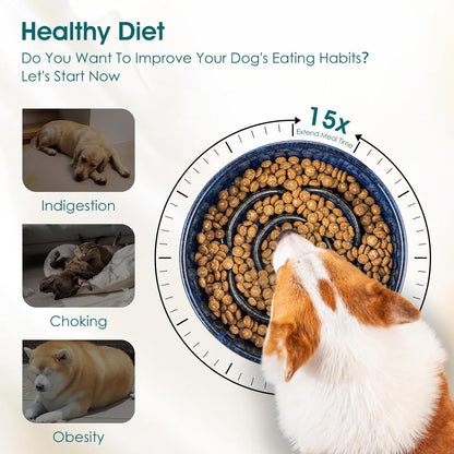 vancasso Slow Feeder Dog Bowl, 1.5 Cups Ceramic Slow Feeder for Medium Breed, Puzzle Maze Dog Food Bowl for Fast Eater, Blue
