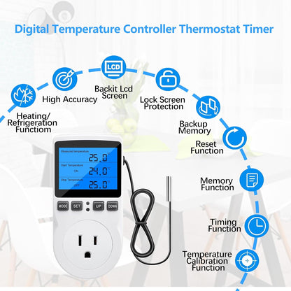 Diymore Digital Thermostat Temperature Controller Electric Digital RV Thermostats Heating Cooling Control Mode Timer 1800W 120V 15A Incubator Thermometer Reptile Thermostat Greenhouse Pool Thermometer