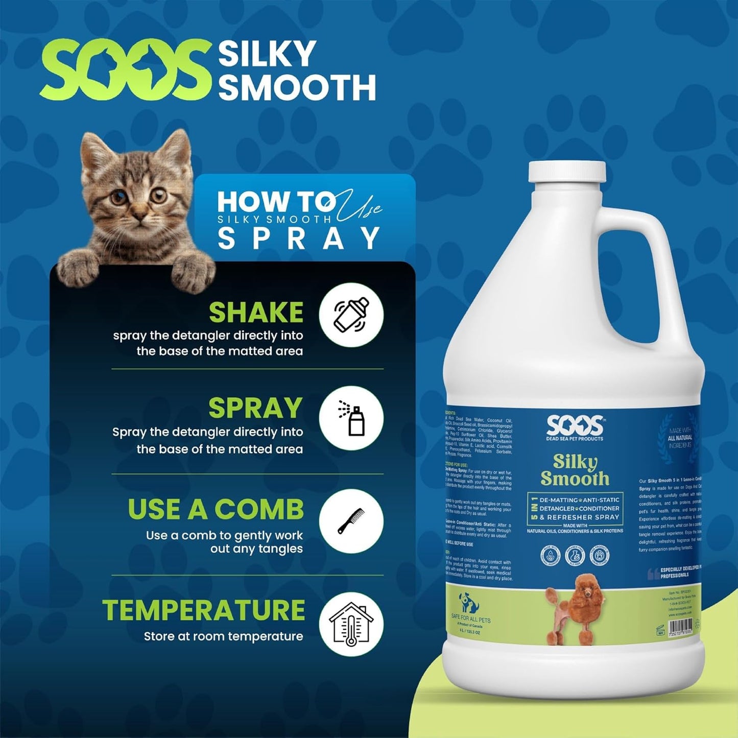 SOOS Pet Silky Smooth 5-in-1 Leave-On Conditioning Spray for Dog & Cat | Moisturizing, Anti-Itch, Softens Coat, Natural Ingredients | Pet Grooming Essentials | No Spray Bottle Included - 4L