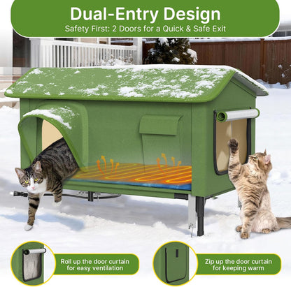 Heated Cat House for Outside - 32" Insulated Cat House Outdoor Weatherproof, Winter Outdoor Cat Shelter with Waterproof Eaves & Escape Door, Elevated Cat Shelter for Feral Stray Cat Kitty, XL