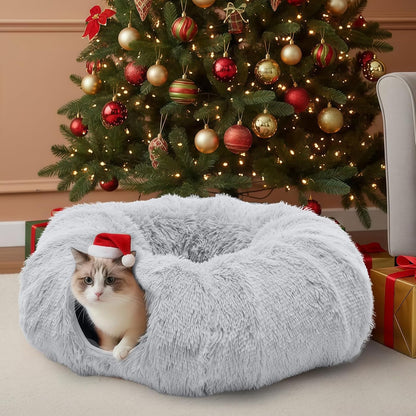 Smug Cat Tunnel Bed for Indoor Cats, Soft Plush Peekaboo Cat Cave Donut Tunnel, Washable Multifunctional Playground Toys Pet Christmas Tree Decoration for Kittens, Rabbit, Ferret (Grey)