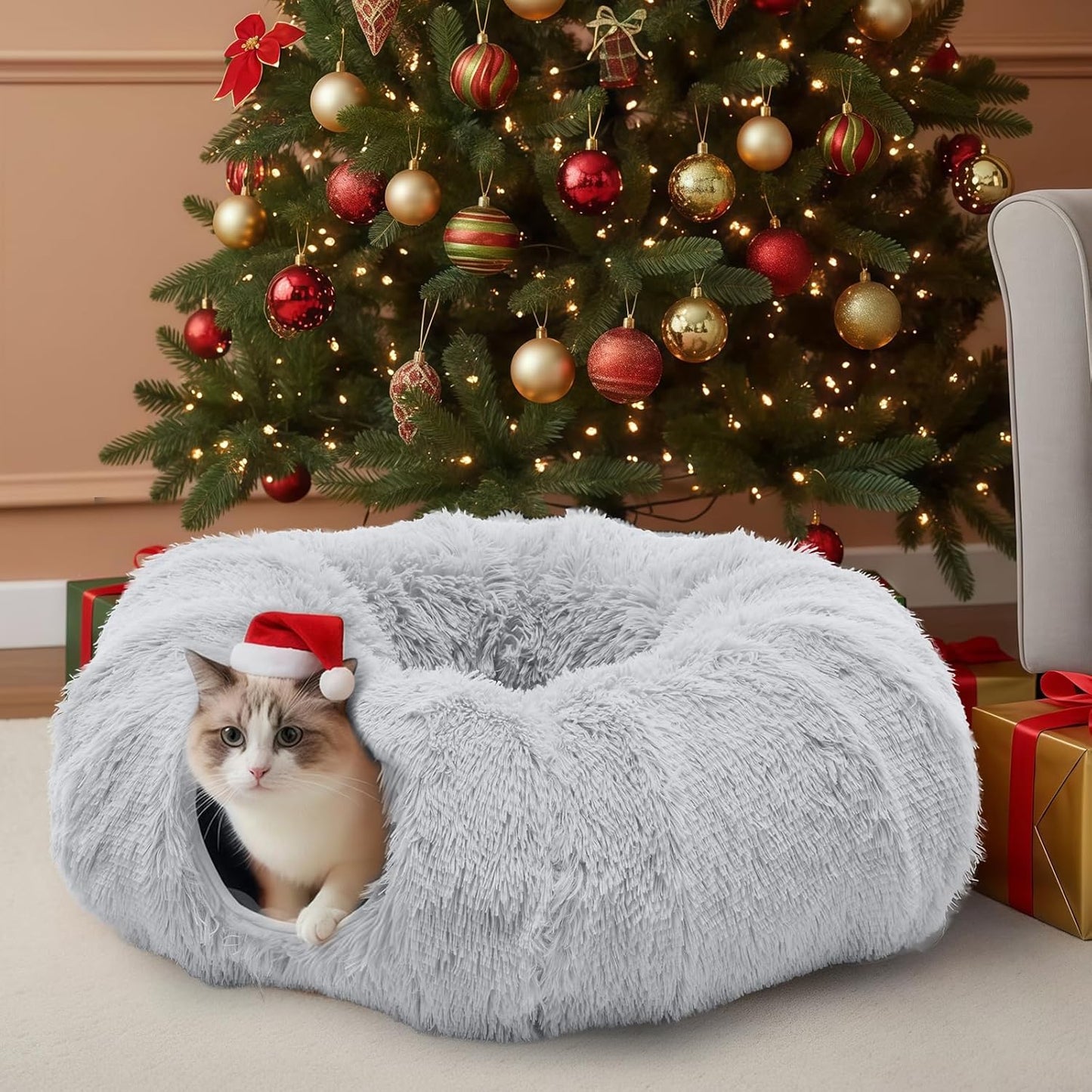 Smug Cat Tunnel Bed for Indoor Cats, Soft Plush Peekaboo Cat Cave Donut Tunnel, Washable Multifunctional Playground Toys Pet Christmas Tree Decoration for Kittens, Rabbit, Ferret (Grey)