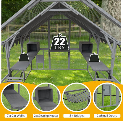 110" Large Outdoor Cat House Catio, Wooden Cat Enclosure for Multiple Cats with Platforms, Resting Box and Bridges, Feral Cat Shelter Kitten Playpen w/Waterproof & UV Proof Canopy, Grey