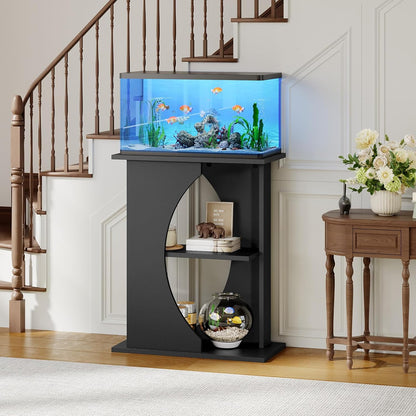 10 Gallon Fish Tank Stand, Wooden Aquarium Stand with 3-Tier Storage Shelves, Heavy Duty Turtle Reptile Terrarium Tank Stand for Home Office, 23.6" L x 11.8" W x 29.9" H, Black FTBK7601